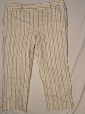 Nygard Safari Pants Tan Striped, Size 14 Cotton Linen Blend Cuffed Crop